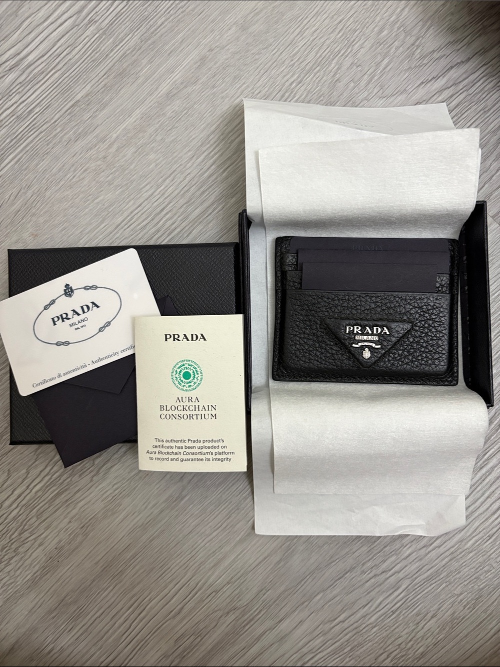 Prada Black Textured Leather Card Case with Logo Triangle